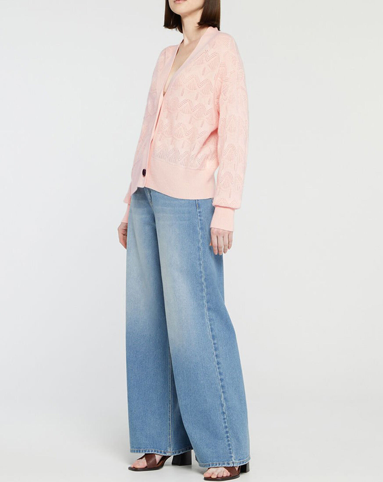 Galeries Lafayette Cardigan en Laine & Cachemire Fabiola ajouré col V rose clair