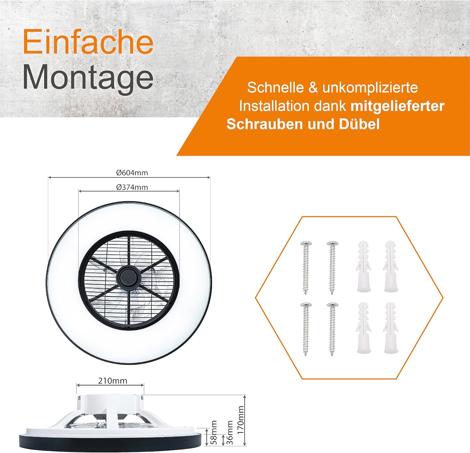 Proventa Deckenventilator mit beleuchtung, fernbedienung leise 60W-60cm, rotierende Luftverteilung, dimmbare LED Deckenleuchte mit Ventilator, neutralweißes Licht, Sommer & Wintermodus, fernbedienung
