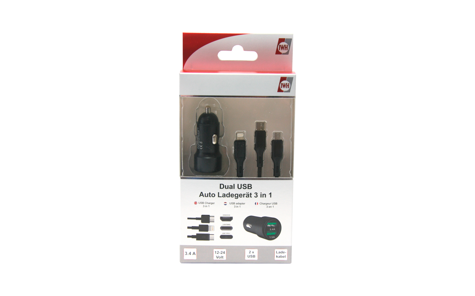 IWH Dual 3 in 1 USB Ladegerät für Autos 3 Anschlüsse 1,2 Meter