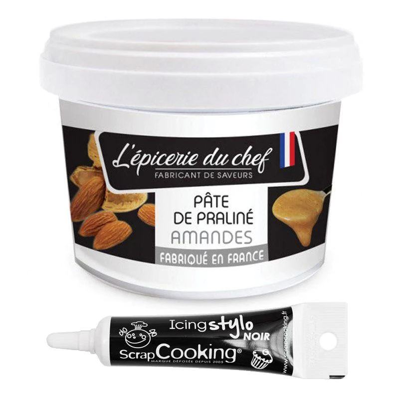 Pâte de praliné amandes 200 g + Stylo de glaçage noir Scrapcooking