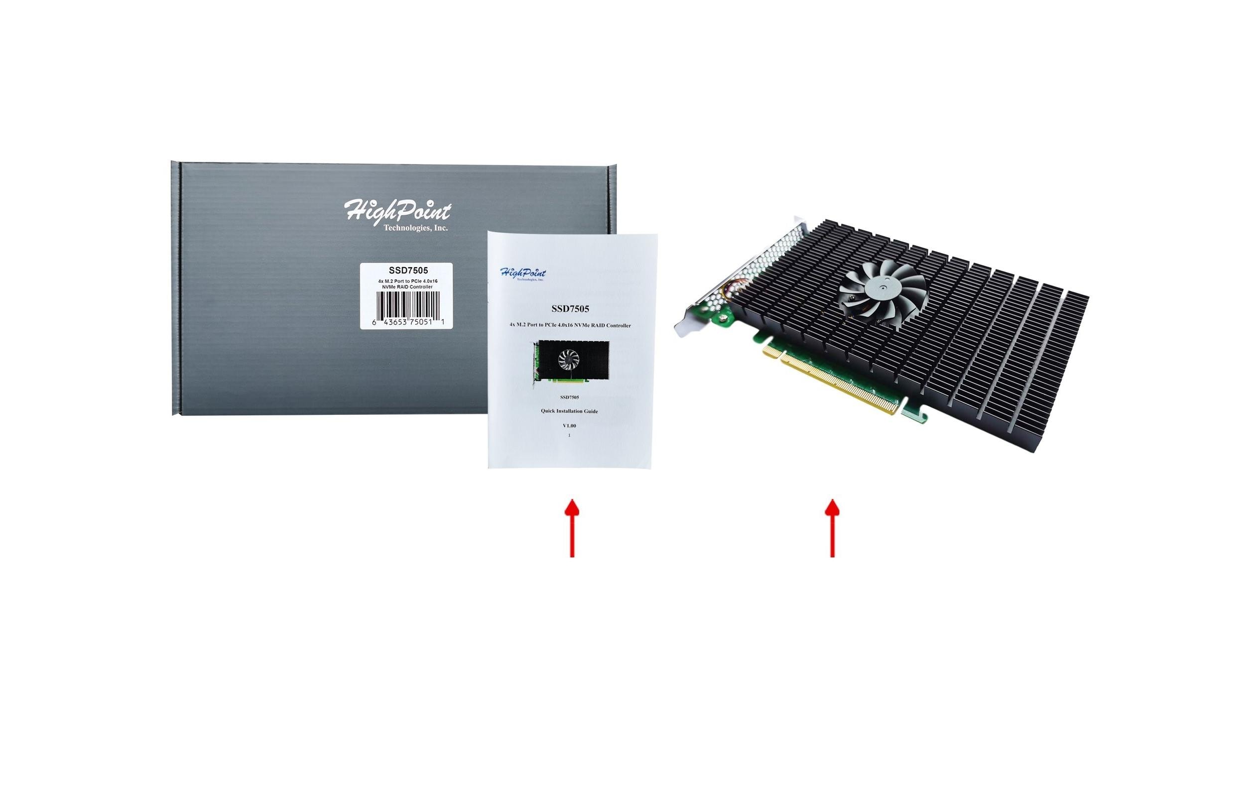 RAID-Controller SSD7505 PCI-x4v4 M.2, PCI-Ex16v4, bootfähig<br>HighPoint SSD7505 PCIe 4.0 x16 4-Channel M.2 NVMe RAID Controller