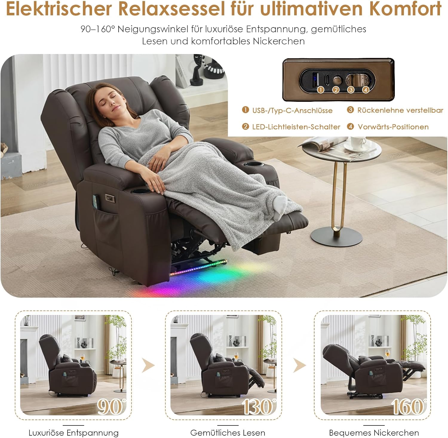 SAMERY Fernsehsessel Elektrisch Verstellbar Relaxsessel mit Liegefunktion Massage Heizung, Kunstleder TV Sessel Wohnzimmer Kinosessel Liegesessel Massagesessel mit Fußteil, USB, LED (Braun*1)