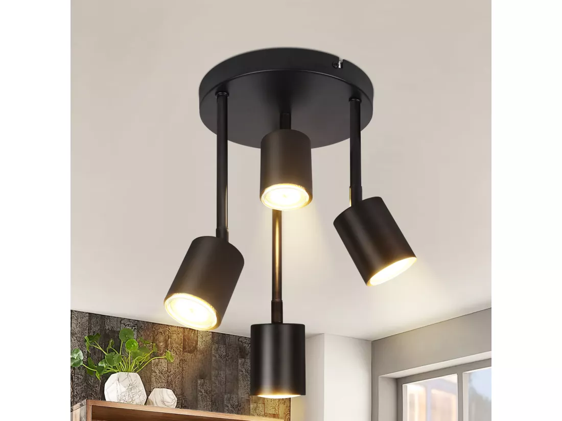 NETTLIFE Spot de plafond 4 ampoules plafonnier noir orientable LED GU10 lampe de cuisine 350°
