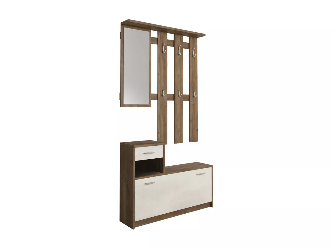Meuble d'entrée Clint, Entrée moderne, Armoire avec étagère à chaussures, Armoire polyvalente avec miroir et cintre, 100x25h180 cm, Chêne et Blanc