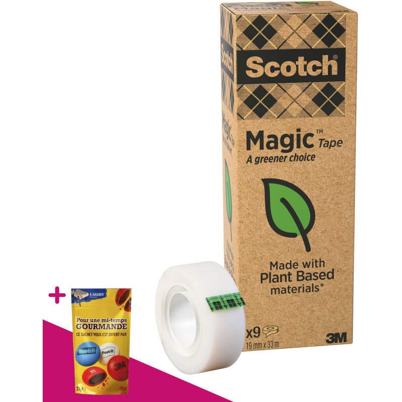 Ruban adhésif Scotch Magic Ecologique invisible - Largeur 19 mm x longueur 33 m - Lot de 9 = Pour l'achat de 3 lots de 9 rubans, 1 sachet de M&M OFFERT