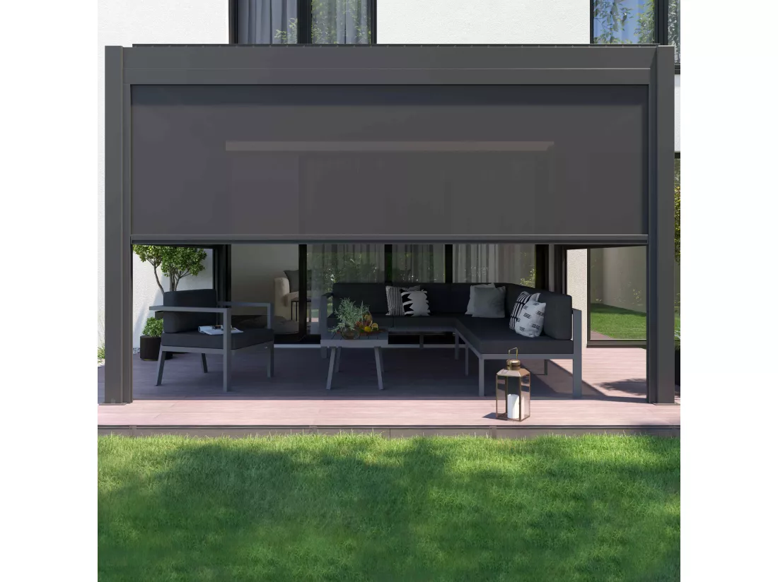 Pergola bioclimatique autoportée motorisée éclairée 3x4m et 3 stores
