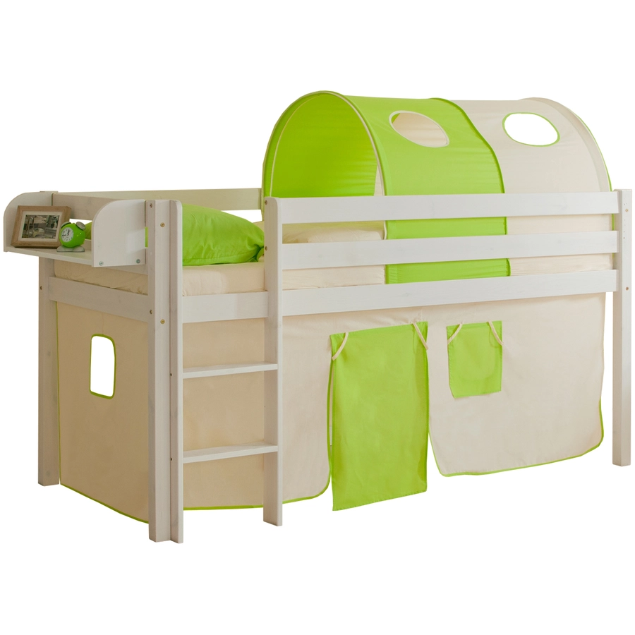TICAA Hochbett Malte Kiefer Weiß Classic Beige-Grün