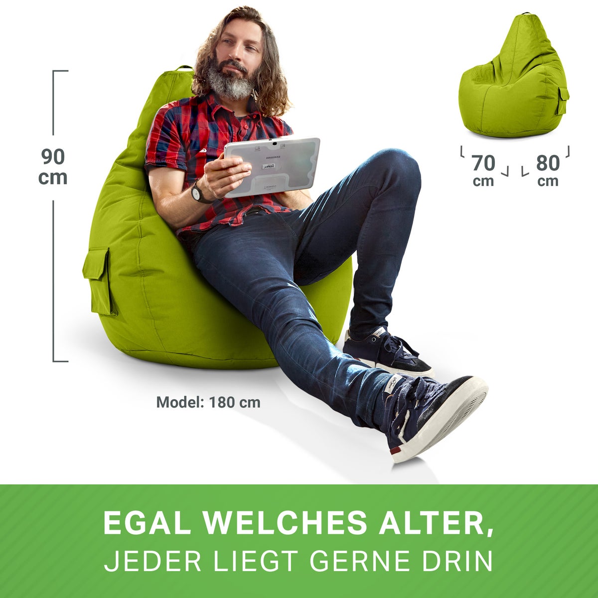 Green Bean Zitzak met rugleuning 80x70x90cm - Gaming stoel met 230L vulling, comfortabel, zacht, wasbaar - Zitzak vloerkussen, loungestoel, voetenbank, relaxstoel, gamer gaming stoel, groen