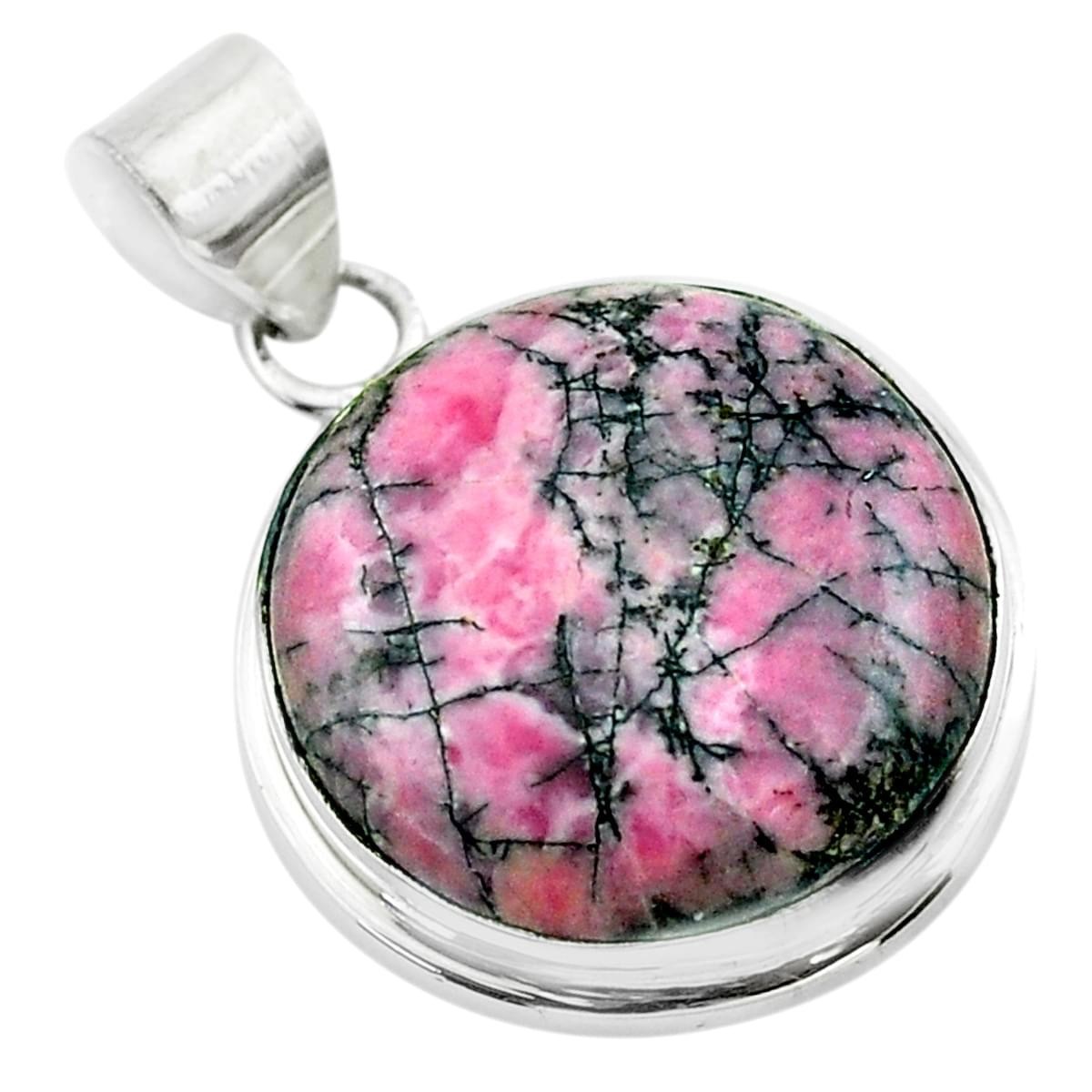 Pendentif rond en rhodonite rose et noir et argent + chaine 2cm gxi119