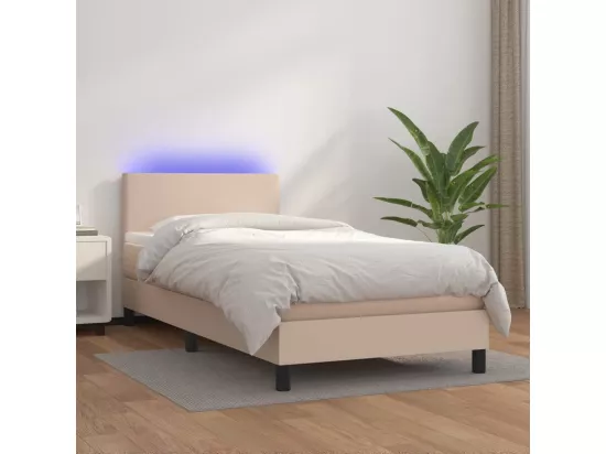 Sommier tapissier matelas et LED Cappuccino 90x190cm Similicuir
