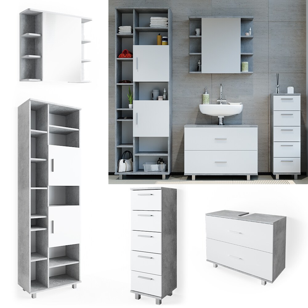 VICCO Badmöbel Set ILIAS Weiß Beton Spiegel Kommode Unterschrank Badschrank