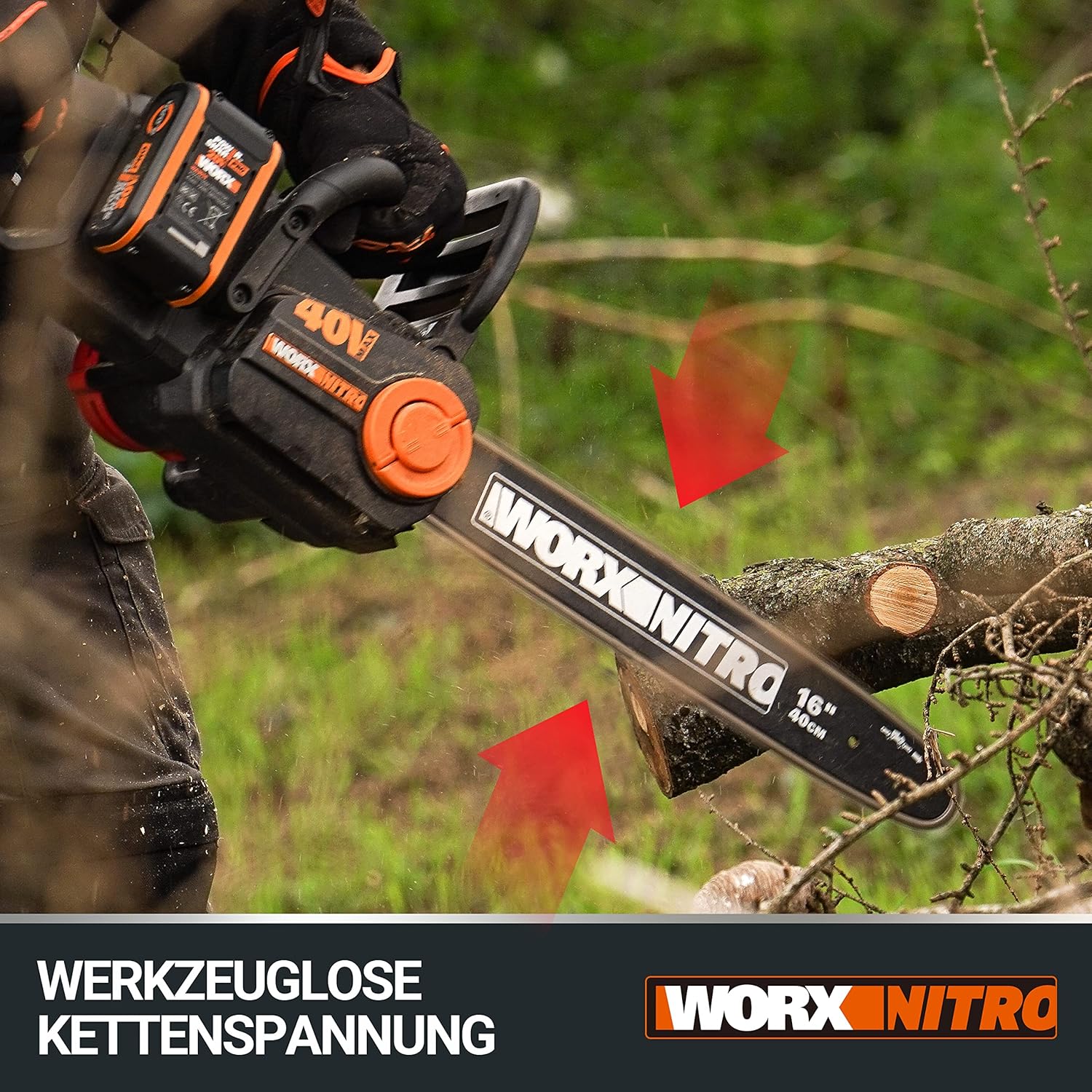 WORX WG385E.9 NITRO Akku Kettensäge 40V(2x20V) - bürstenloser Motor - automatische Kettenspannung & Kettenschmierung - 40cm Schnittlänge - 18m/s Schnittgeschwindigkeit - ohne Akku & Ladegerät