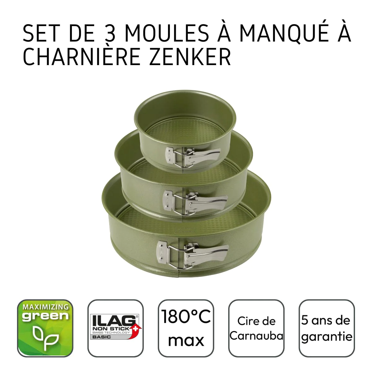 Set de 3 moules à manqué à charnière 20 cm 24 cm et 26 cm Green Vision