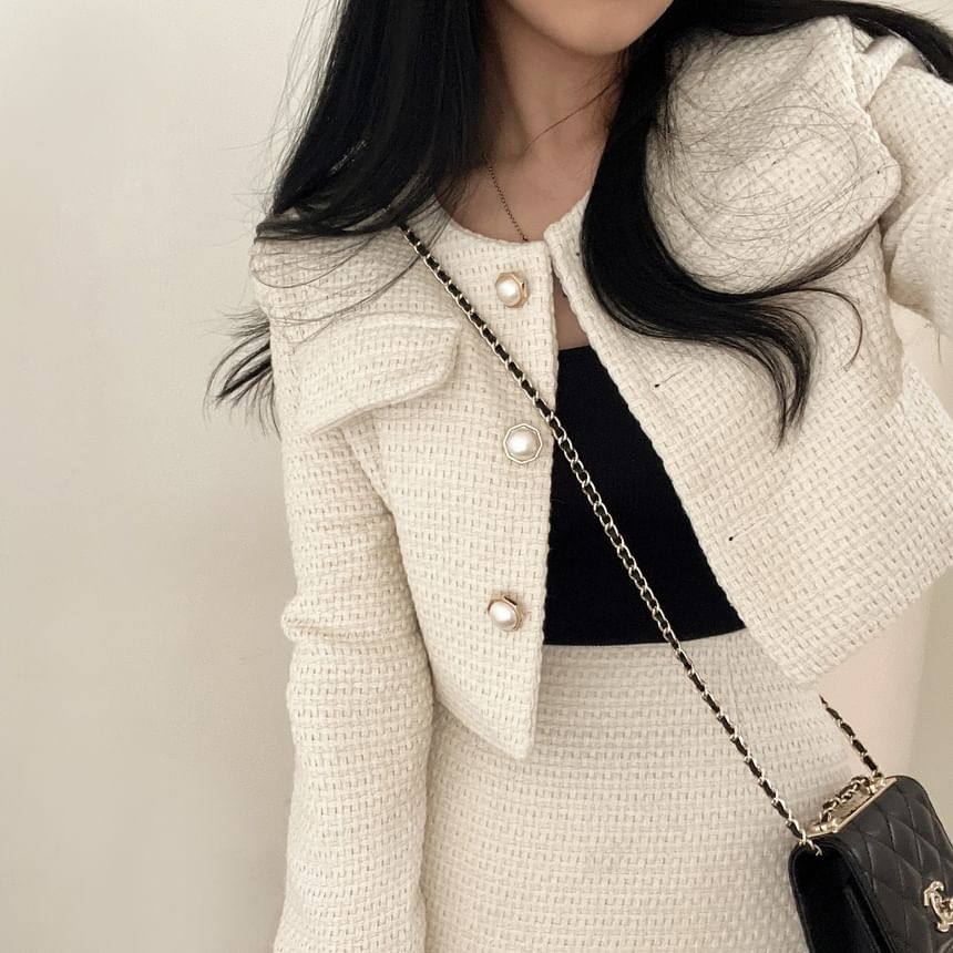 MIKIGA - Tweed imitatieparel knoopjasje / hoge taille mini A-lijn rok