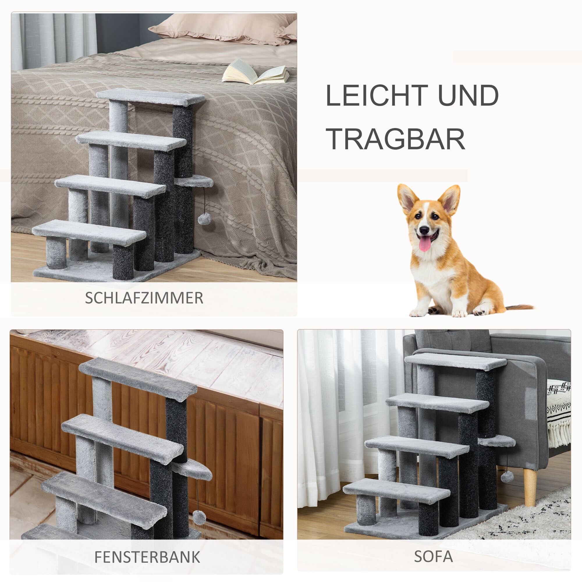 PawHut Haustiertreppe mit Stufen grau 60L x 40B x 64H cm