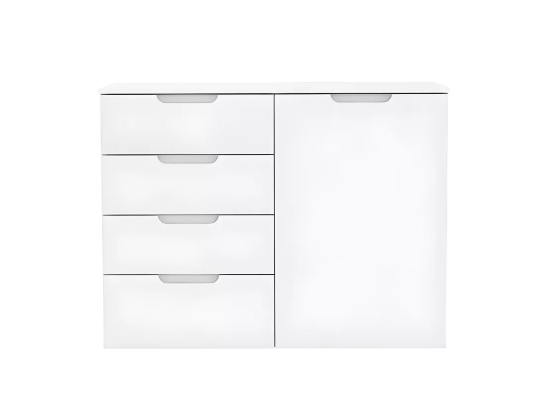 Commode 110 cm blanc laqué et mat 1 porte et 4 tiroirs - PURE