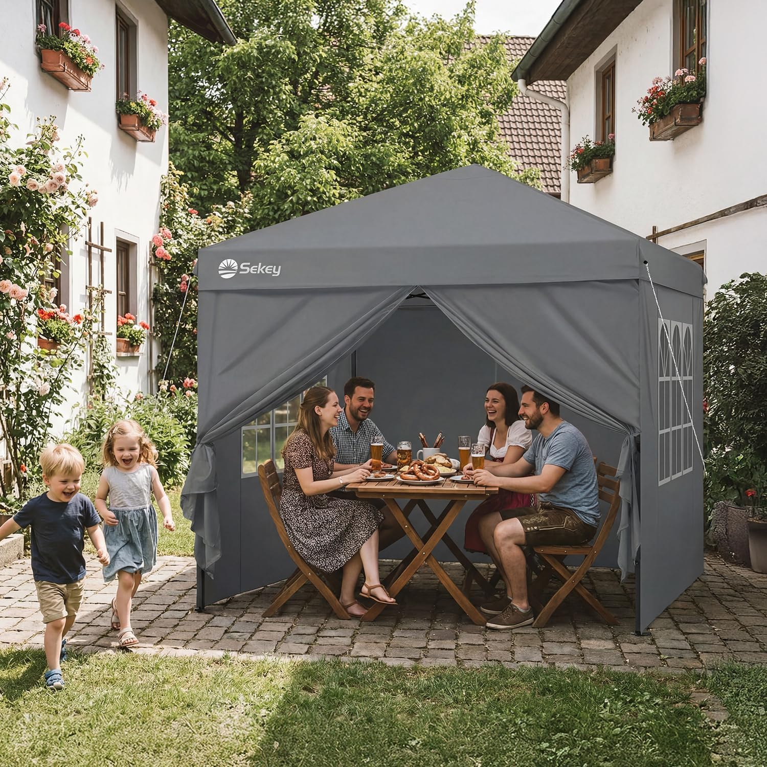 Sekey Premium Pop Up Pavillon 3x3 Wasserdicht Stabil, 3 x 3 m Pavillon mit Seitenwänden, Faltpavillon Partyzelt Faltbar für Camping Party, Höhe Verstellbar 250-270cm, (Grau, Mit Seitenwänden)