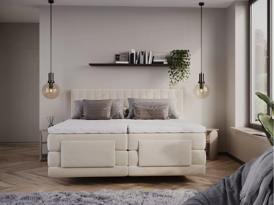 Ensemble complet boxspring tête de lit coutures verticales + sommiers relaxation électrique + matelas + surmatelas - 2 x 90 x 200 cm - Velours - Beige - DONISI de PALACIO