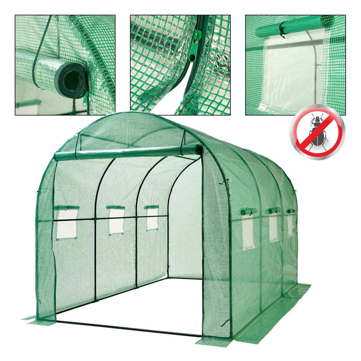 ECD Germany Kas, polytunnel, ca. 300x200x200cm, 6m², groen, met stalen frame, ritssluiting en 6 ramen - gebogen dak, koude kas, plantenkas, tomatenkas, polytunnel