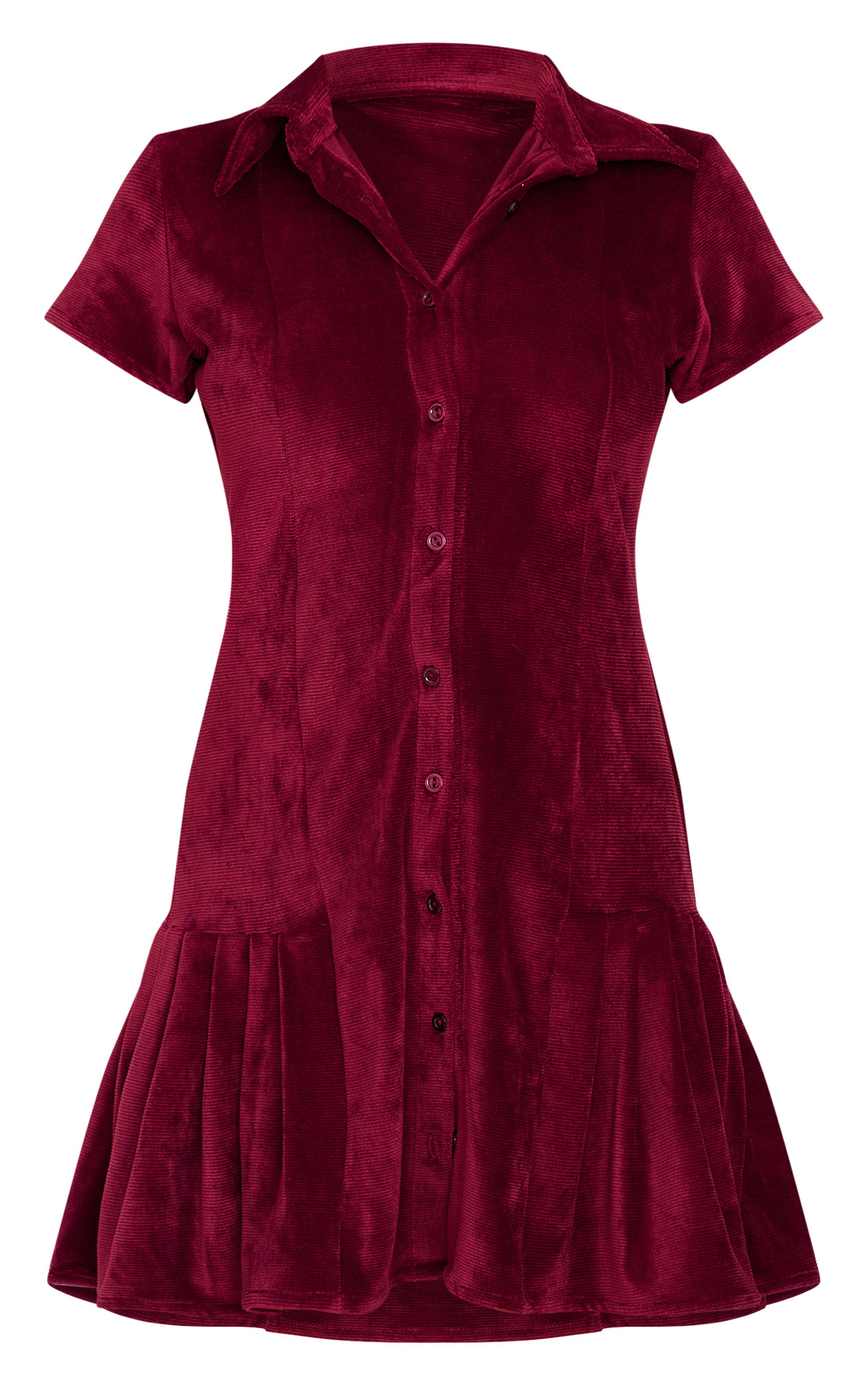 Rouge Bordeaux Robe Droite En Velours Côtelé À Manches Courtes Avec Boutonnage Et Ourlet Plissé