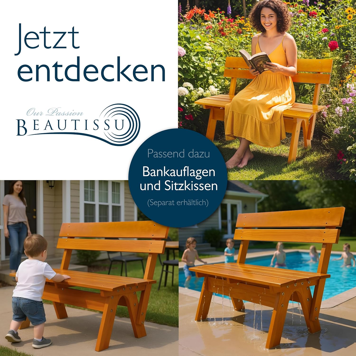 Beautissu Gartenbank Wetterfest Holz 3 Sitzer 150 cm breit – Garten Holzbank Outdoor Strapazierfähiges Robustes & Lackiertes Massivholz Bank für Balkon Terrasse Wintergarten Innenhof Parkbank – GR