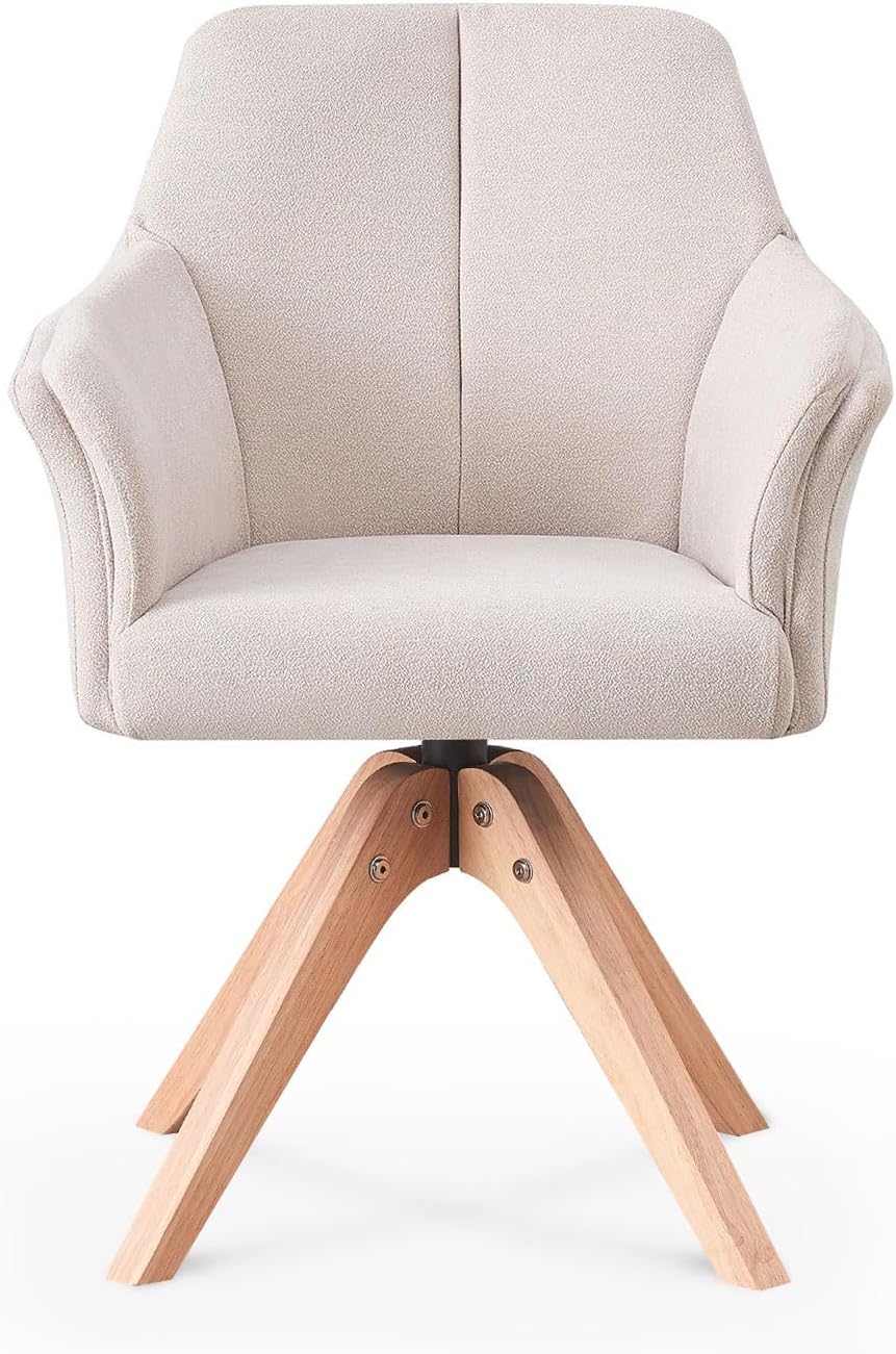 B&D home® Esszimmerstuhl Daisy drehbar – mit Armlehnen, 360° Drehfunktion, Webstoff in Creme, Massivholzgestell Natur, komfortabel gepolstert, skandinavisch, Loungesessel für Küche & Wohnzimmer
