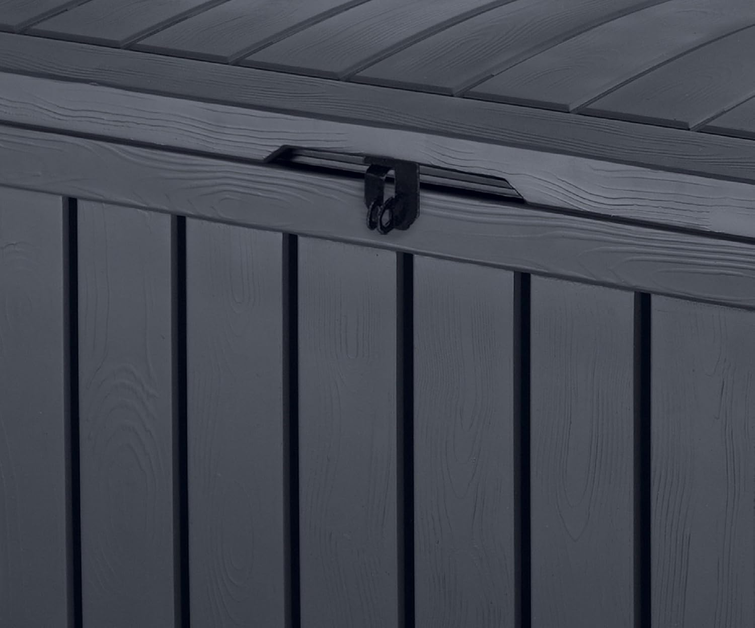 Keter Glenwood Kissenbox, Auflagenbox, 390 Liter Volumen, Wasserdicht, Graphit, Holzoptik, Sitzbank für 2 Erwachsene,134.5L x 74.5W 13.3H cm, Gartenbox, Grau
