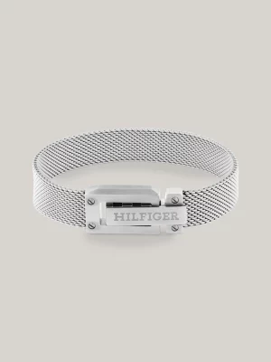 Pulseira trançada em aço inoxidável com logotipo gravado em relevo