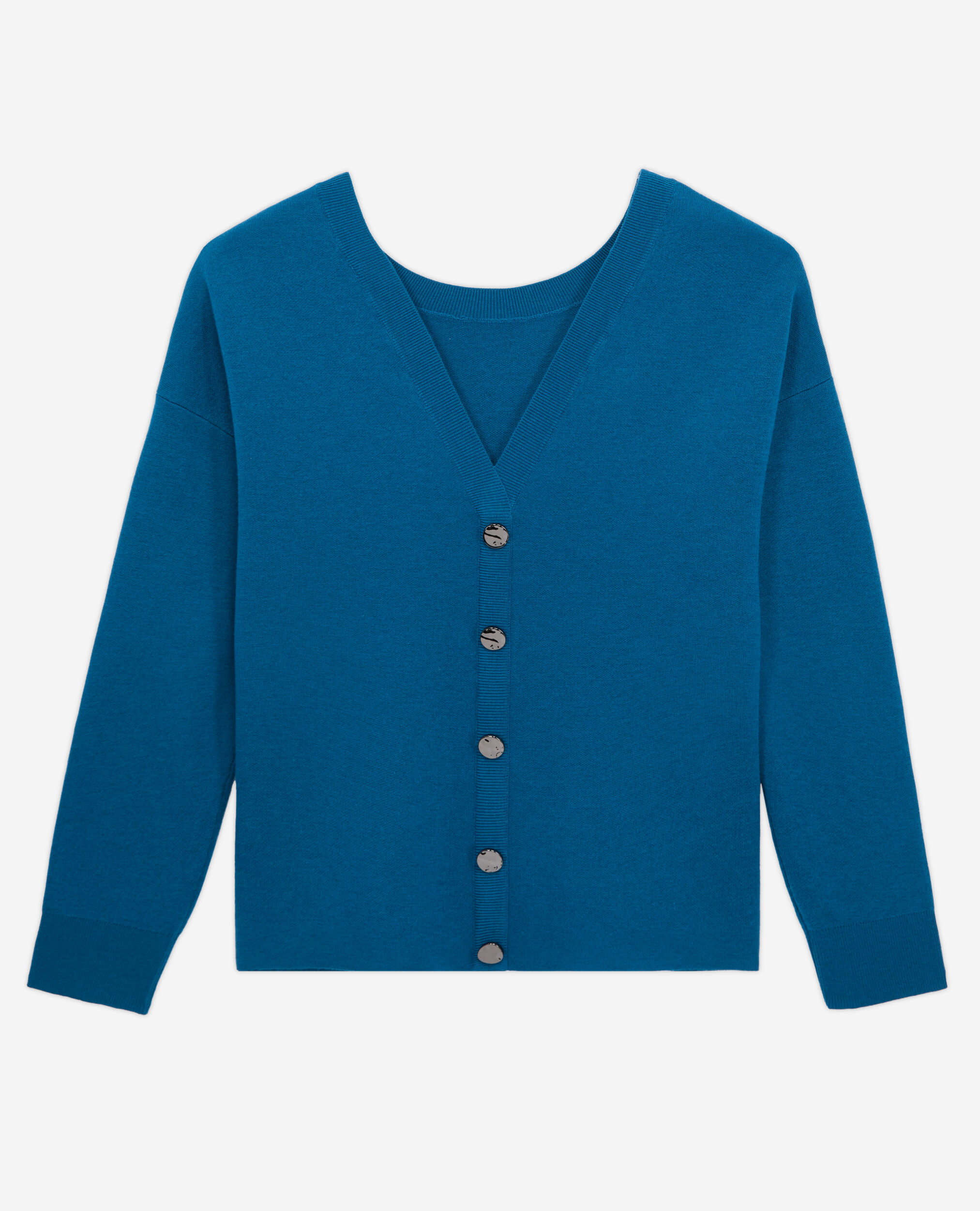Pull bleu avec boutonnage dans le dos