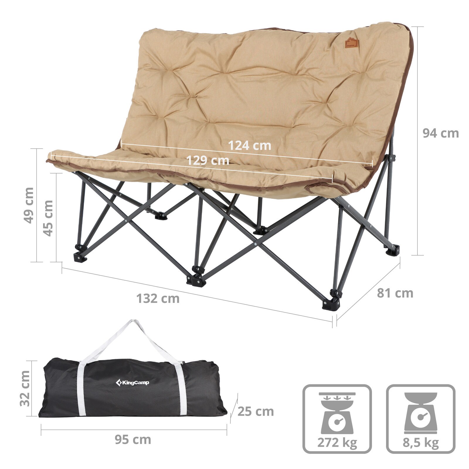 KINGCAMP Camping Sofa Lindon Relax Doppel Lounge Stuhl 2Personen Faltstuhl Couch Farbe: beige