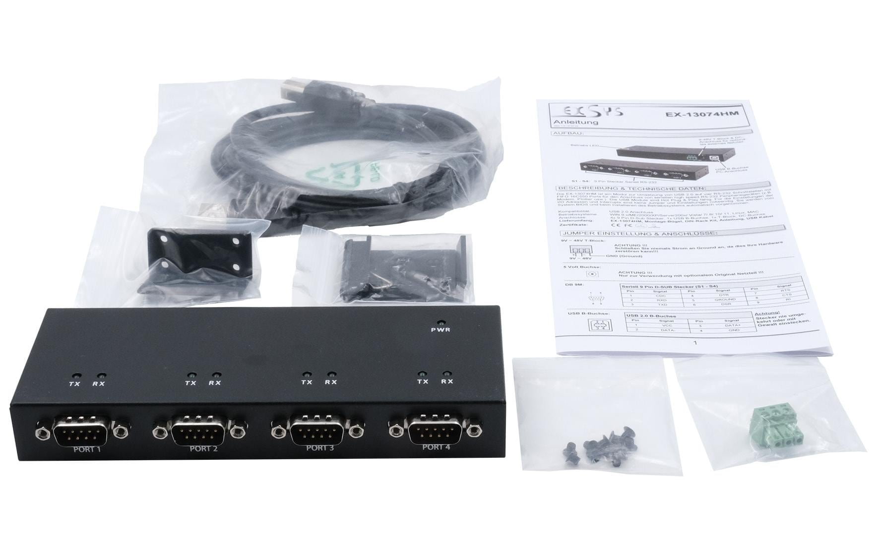 Serial-Adapter EX-13074HM USB 2.0 zu 4x seriell RS-232 Ports<br>Der EX-13074HM USB 2.0 zu RS-232 Konverter in einem Metallgehäuse stellt vier serielle RS-232 High Performance UART 16C550 Ausgänge zur Verfügung