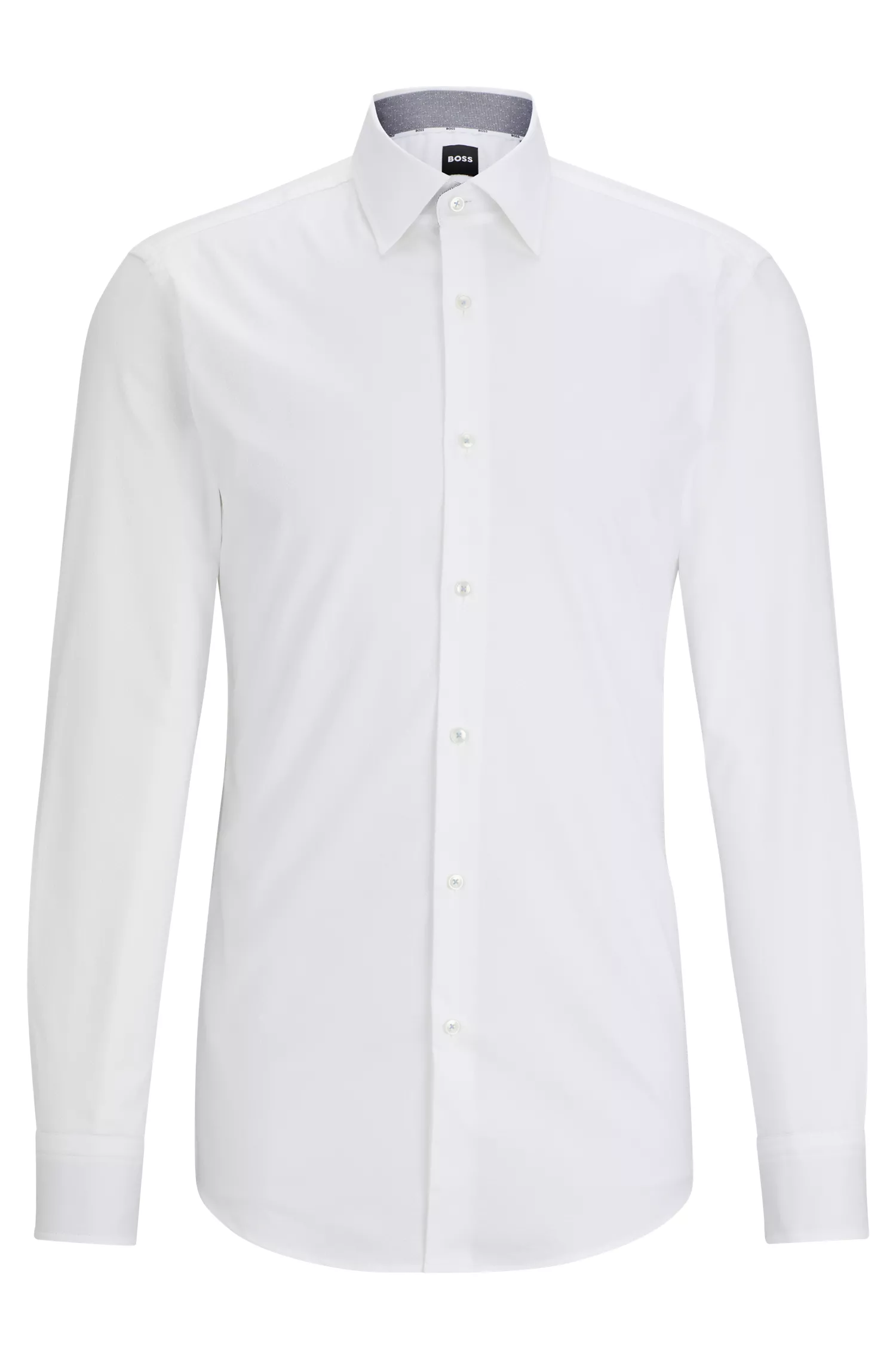 Camisa BOSS preta de corte slim, em algodão estruturado com elastano, fácil de passar.