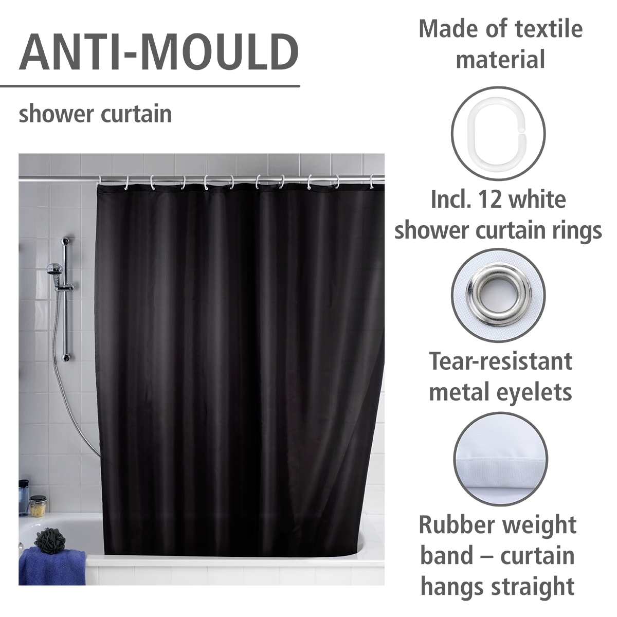 Wenko anti-schimmel douchegordijn 180x200cm polyester uni zwart inclusief ringen