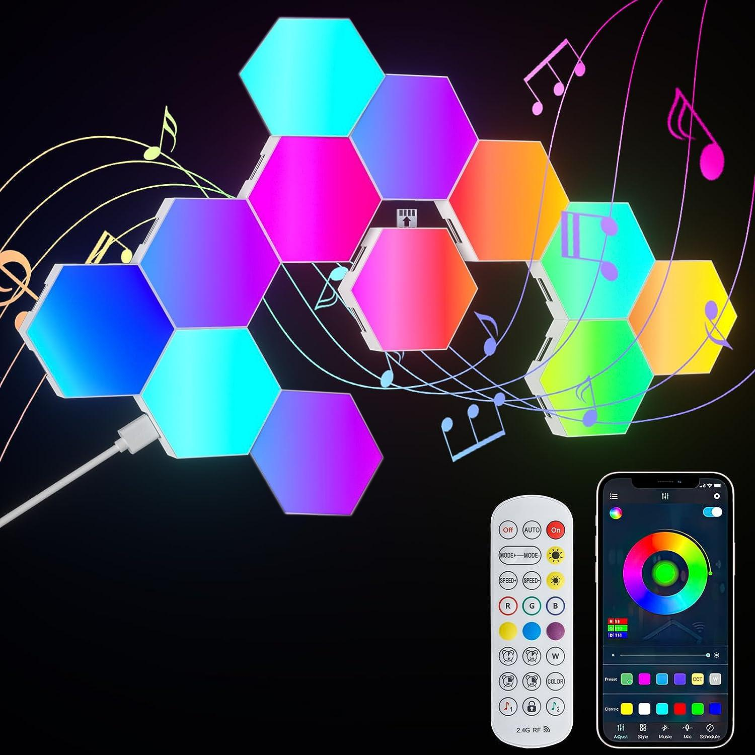(12er Set) LED Panels Modulierbare USB Hexagon Wand Lampen inkl. Fernbedienung / App Steuerung (iOS/Android) - Bunt
