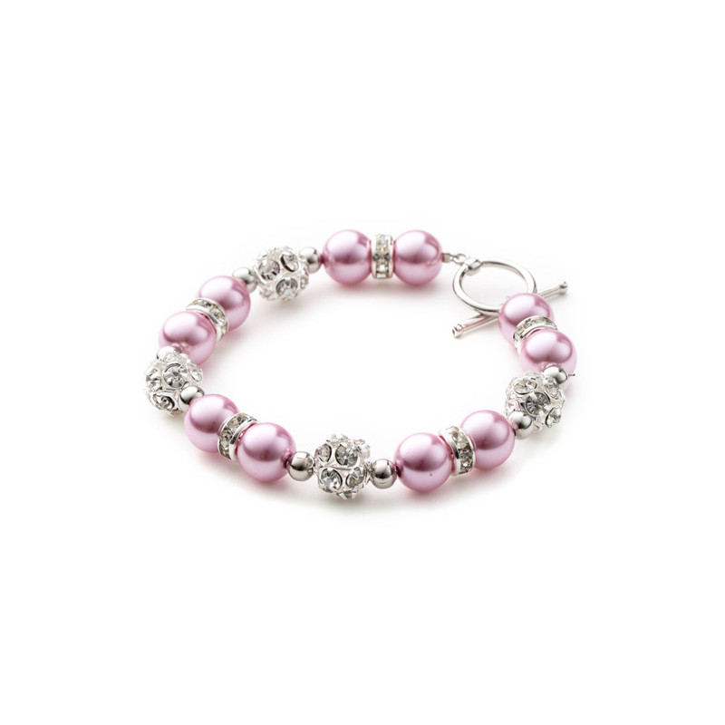 Parure Collier, Bracelet et Boucles d'oreilles Perles Roses, Cristal et Plaqué Rhodium
