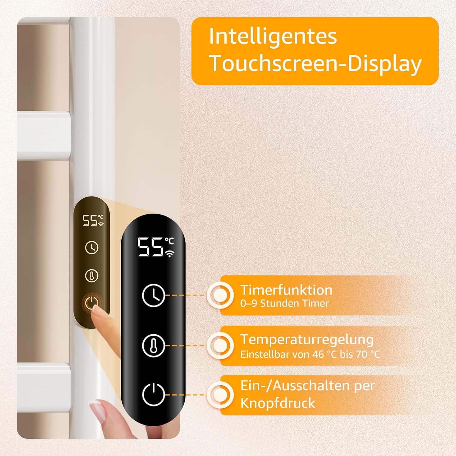 Handtuchheizkörper Elektrisch,Handtuchhalter,Handtuchwärmer,Badheizkörper Elektrisch,Touch Control LED-Bildschirm,360 W Badheizkörper Mit Timer&Einstellbarer Temperatur,Titanstahl (Weiß, 130 * 52cm)