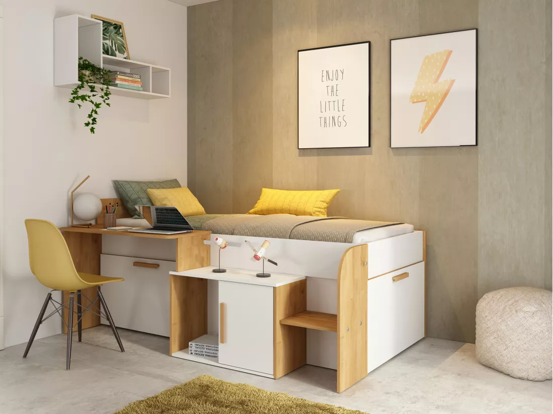 Lit combiné 90 x 200 cm avec bureau et rangements - Coloris : Blanc et naturel + Sommier - PEDRO