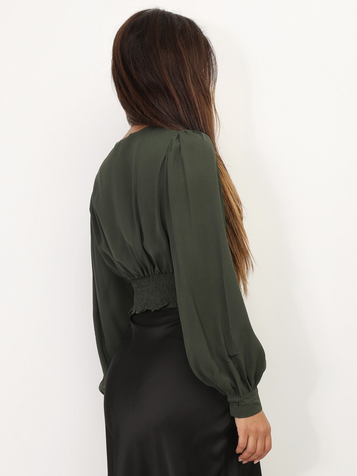 Blouse courte à manches ballons- Kaki