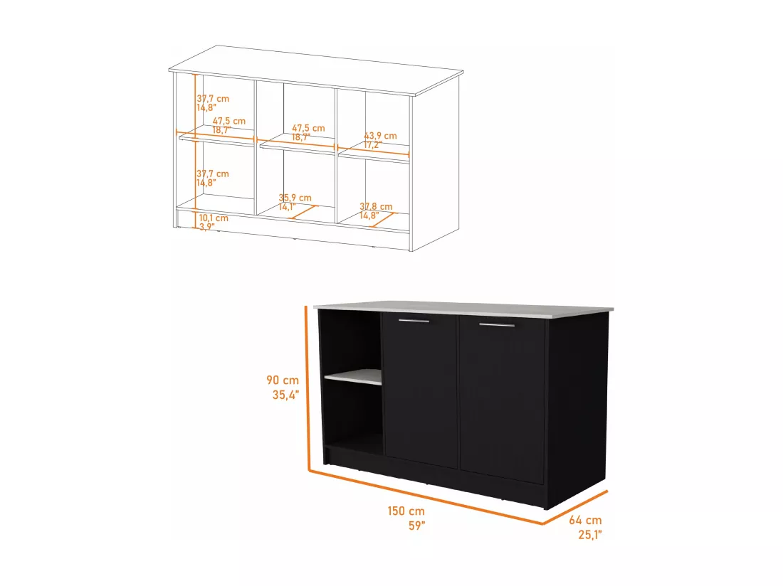 Ilot de cuisine Juniper en mélaminé avec deux portes et 3 étagères , 90 cm X 150 cm X 64 cm , Black / Ibiza