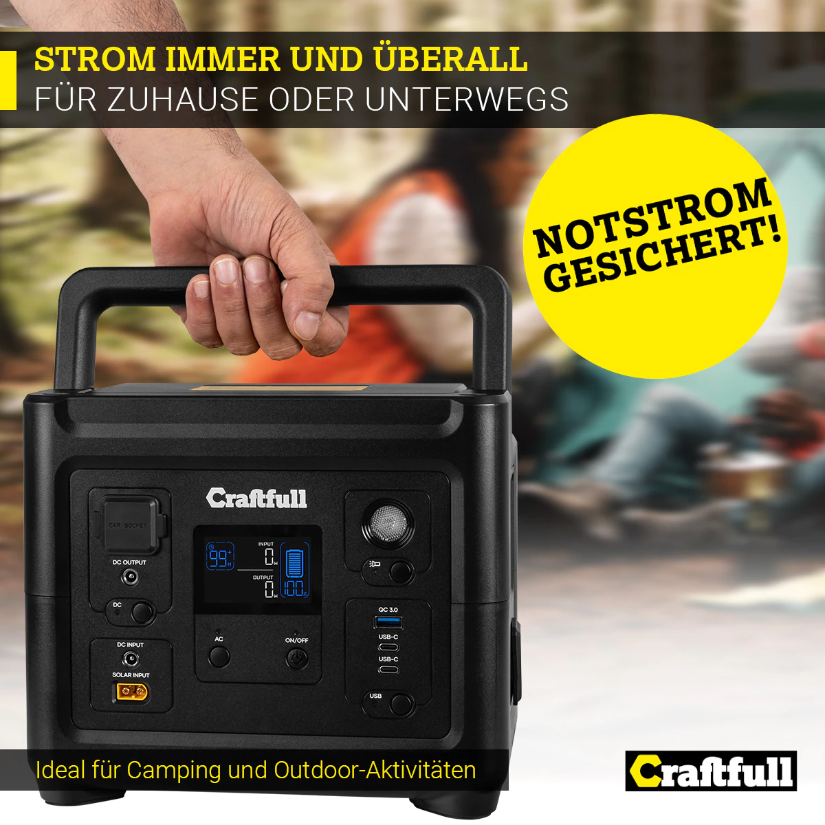Craftfull Powerstation Fast Charge PS500, 500 Watt, tragbar, Lithium-Akku, USB, 12 V, 230 V, MPPT