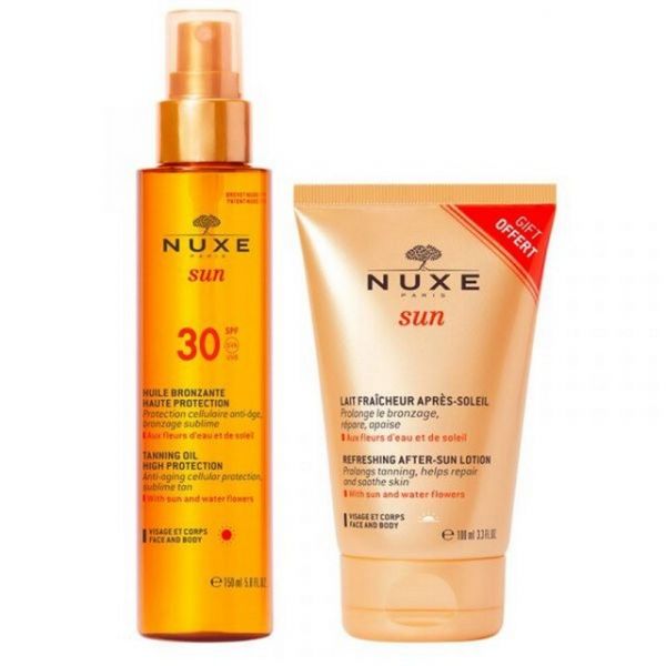 Nuxe Sun Óleo Bronzeador Alta Proteção SPF30 150ml   Leite Pós-Solar 100ml Coffret