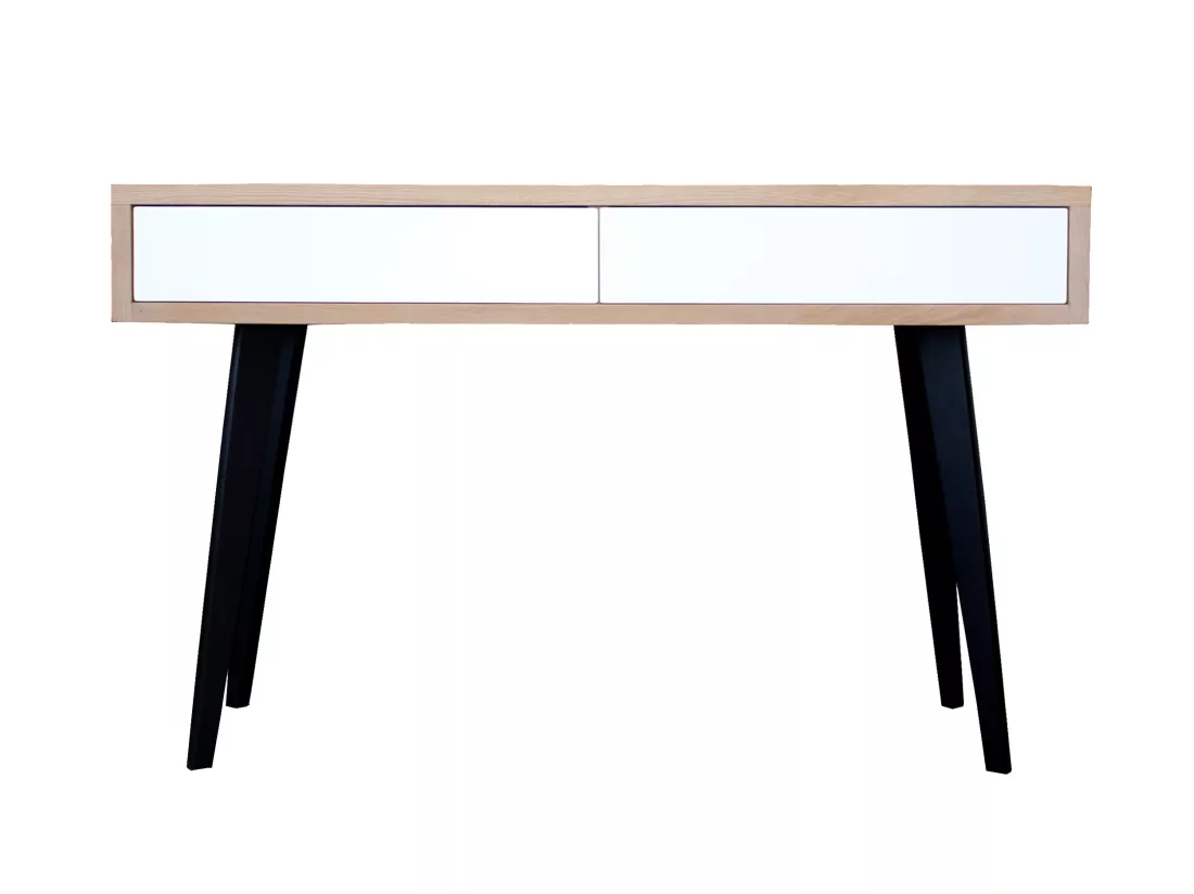 Console chêne blanchi massif et laqué, 2 tiroirs - 130L x 42P