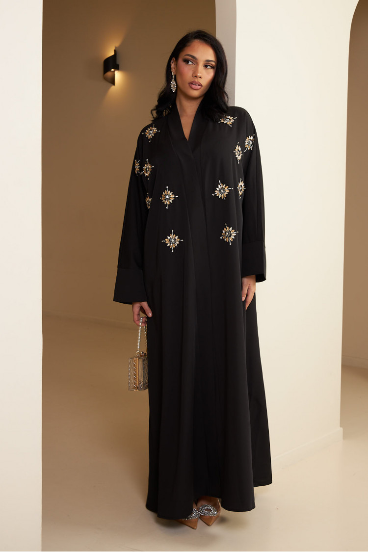 Kimono noir à strass doré et argenté