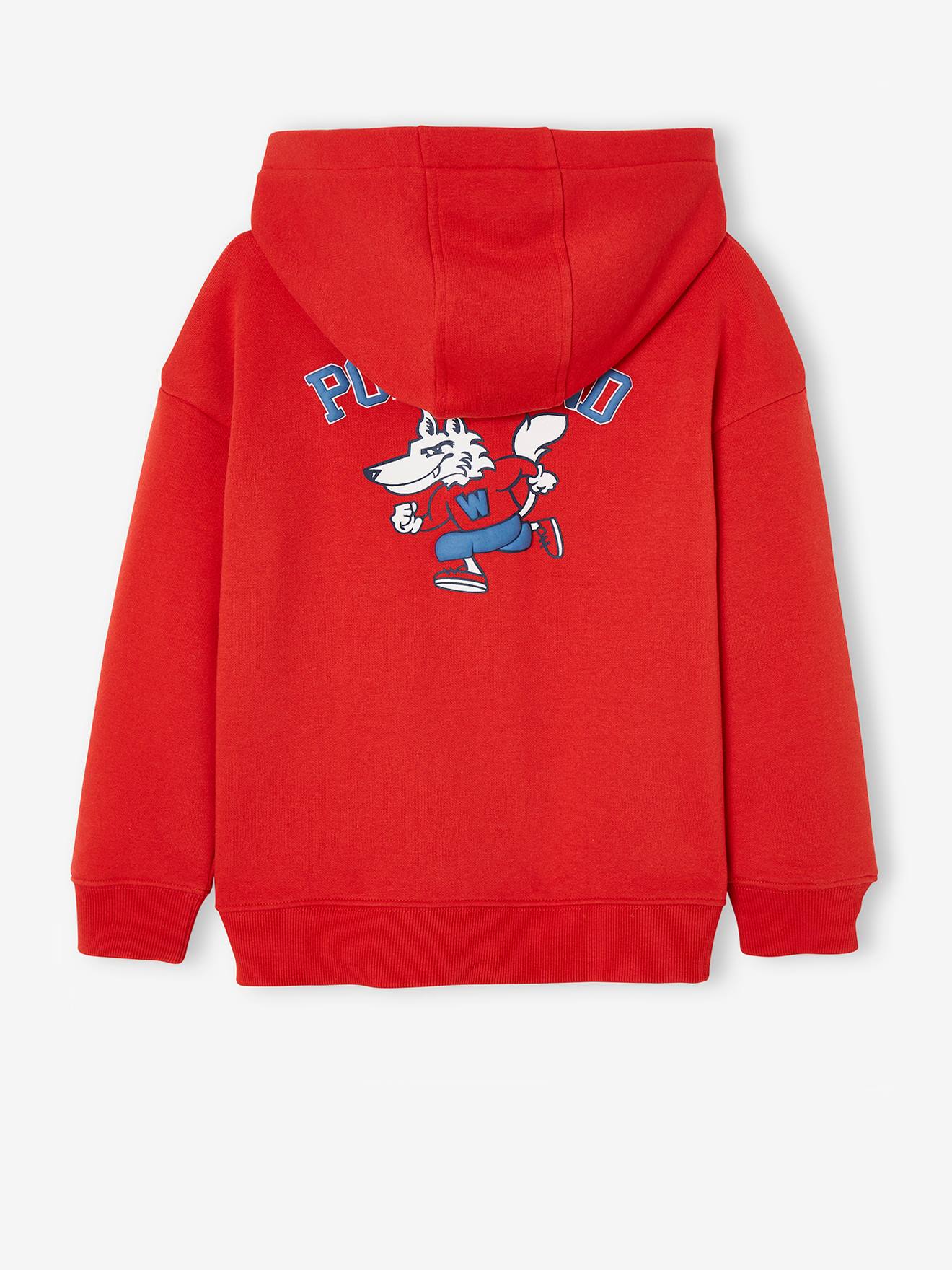 Moletom vermelho com capuz e grande logotipo do time Portland nas costas para meninos