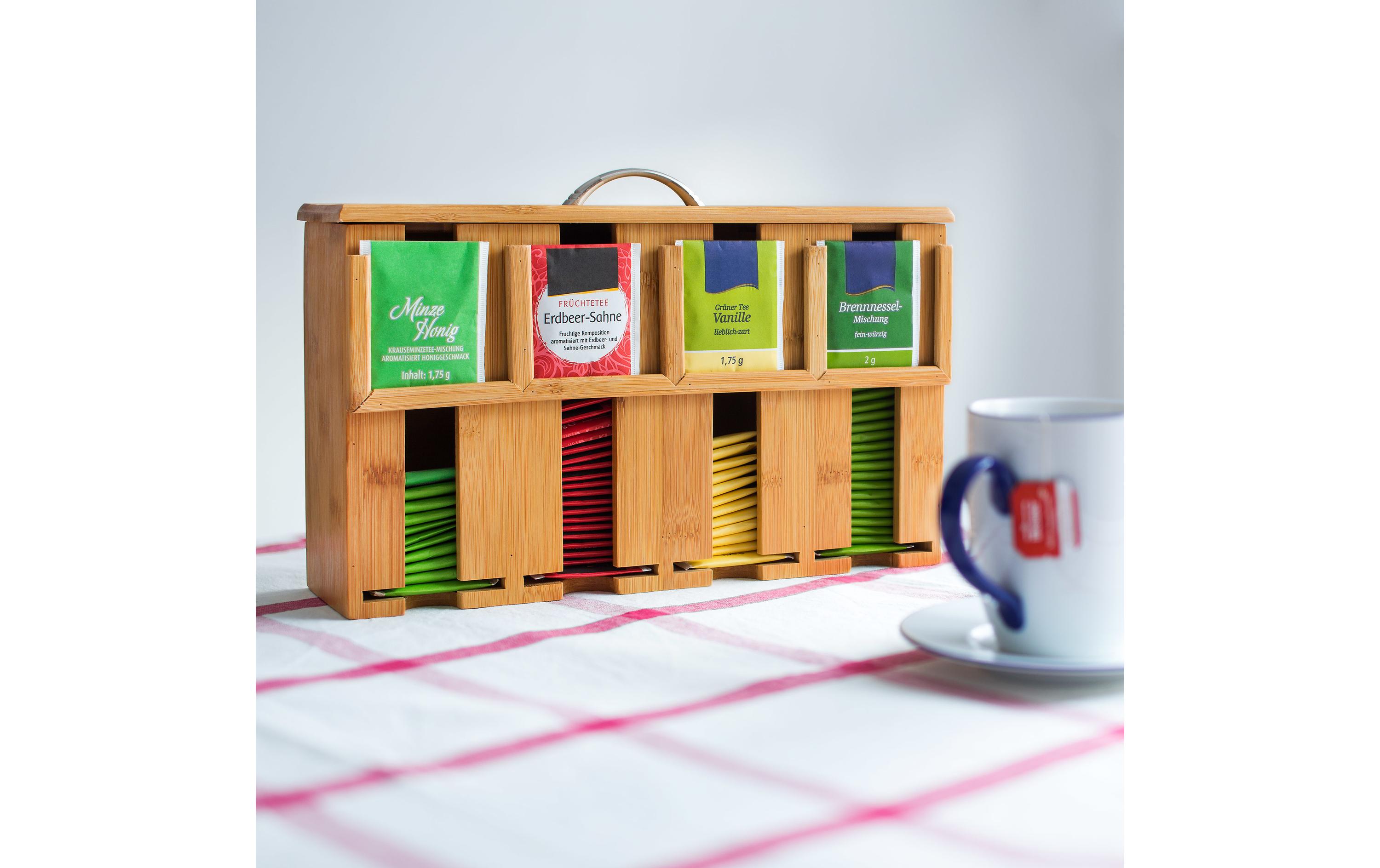 Teebeutel-Box 4 Fächer, HellbraunTeebeutelbox aus Bambus