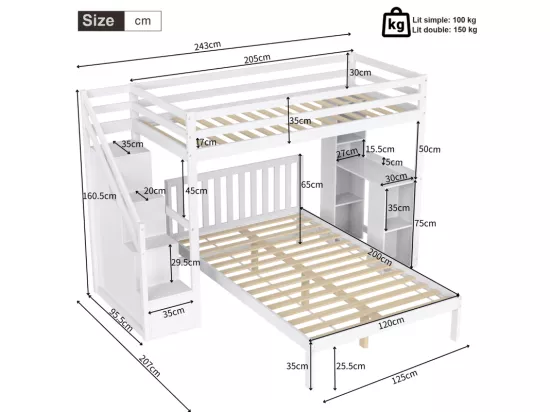 Lit superposé 90x200 cm + 120x200 cm - avec escalier de rangement et étagères de rangement - Pin et MDF - Blanc