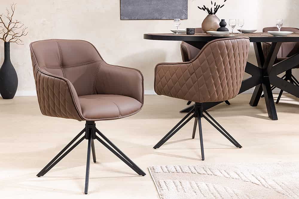 Drehbarer Design Stuhl EUPHORIA braun Echtleder schwarz Metallgestell mit Armlehne