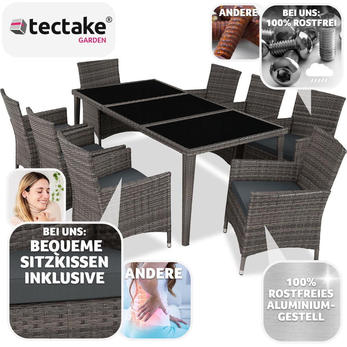 Rotan zitgroep tectake Menorca met aluminium frame, 2 sets hoezen, inclusief beschermhoes
