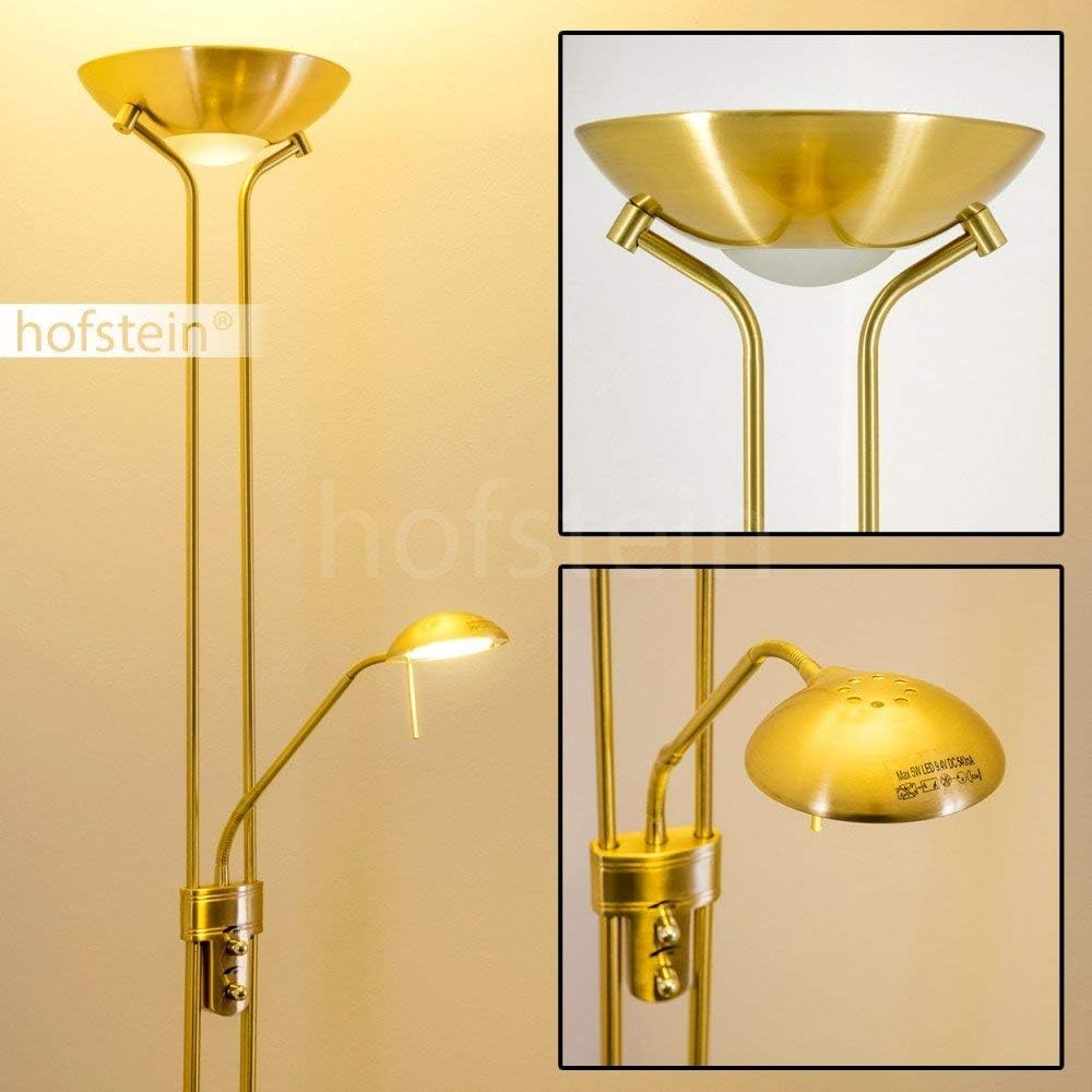LED Stehlampe Rom aus Metall in Messing, dimmbare Stehleuchte Drehdimmer am Gehäuse, 1 x 18 Watt, 1600 Lumen u. 1 x 5 Watt, 480 Lumen, 3000 Kelvin (warmweiß), Deckenfluter mit verstellbarem Lesearm