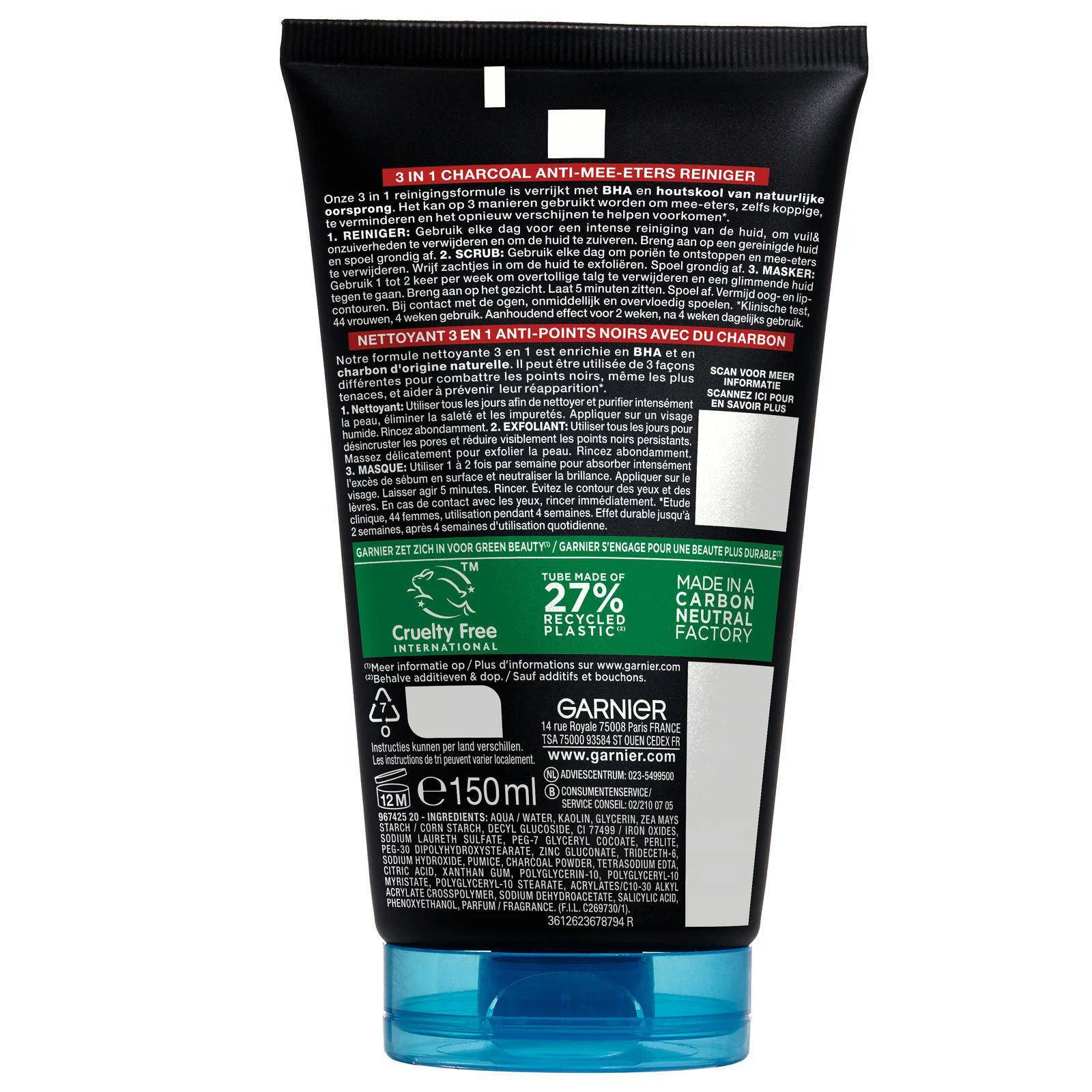 Garnier PureActive 3-in-1 Charcoal Anti Mee-Eters gezichtsreiniging - 150 ml